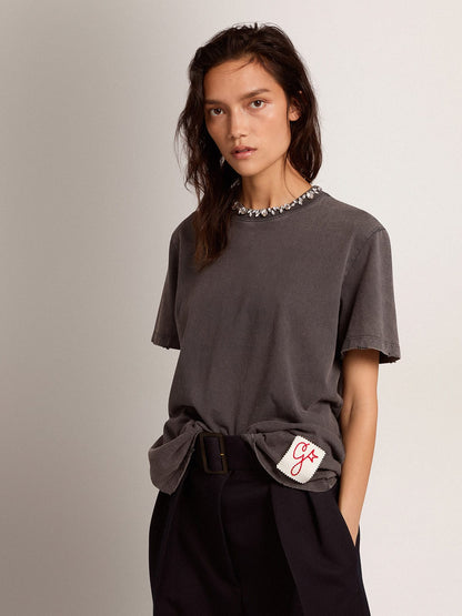 Women's anthracite gray T-shirt with crystals - Golden Goose Women