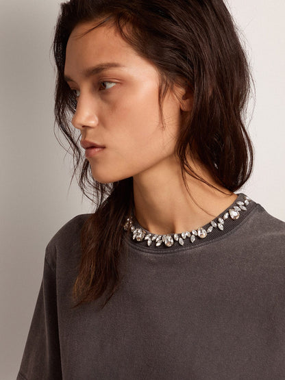 Women's anthracite gray T-shirt with crystals - Golden Goose Women