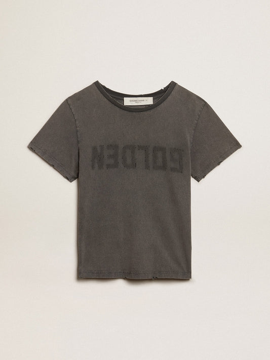Distressed slim-fit T-shirt in anthracite gray - Golden Goose Women