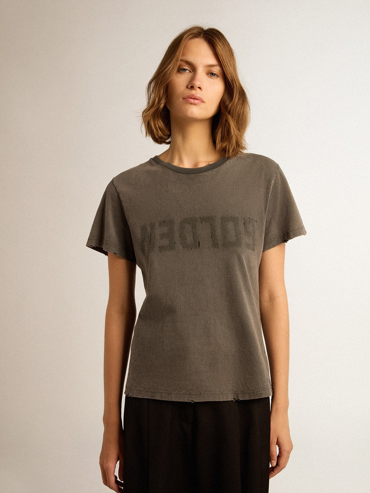 Distressed slim-fit T-shirt in anthracite gray - Golden Goose Women