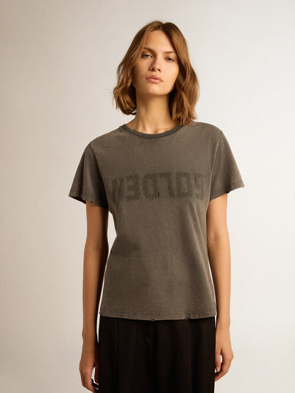 Distressed slim-fit T-shirt in anthracite gray - Golden Goose Women