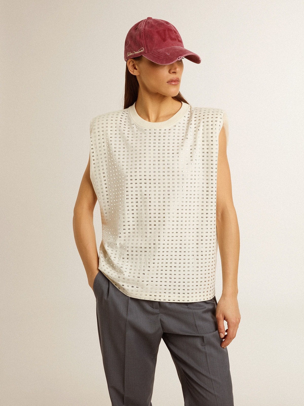 Aged white sleeveless T-shirt embellished with crystals - Golden Goose Women