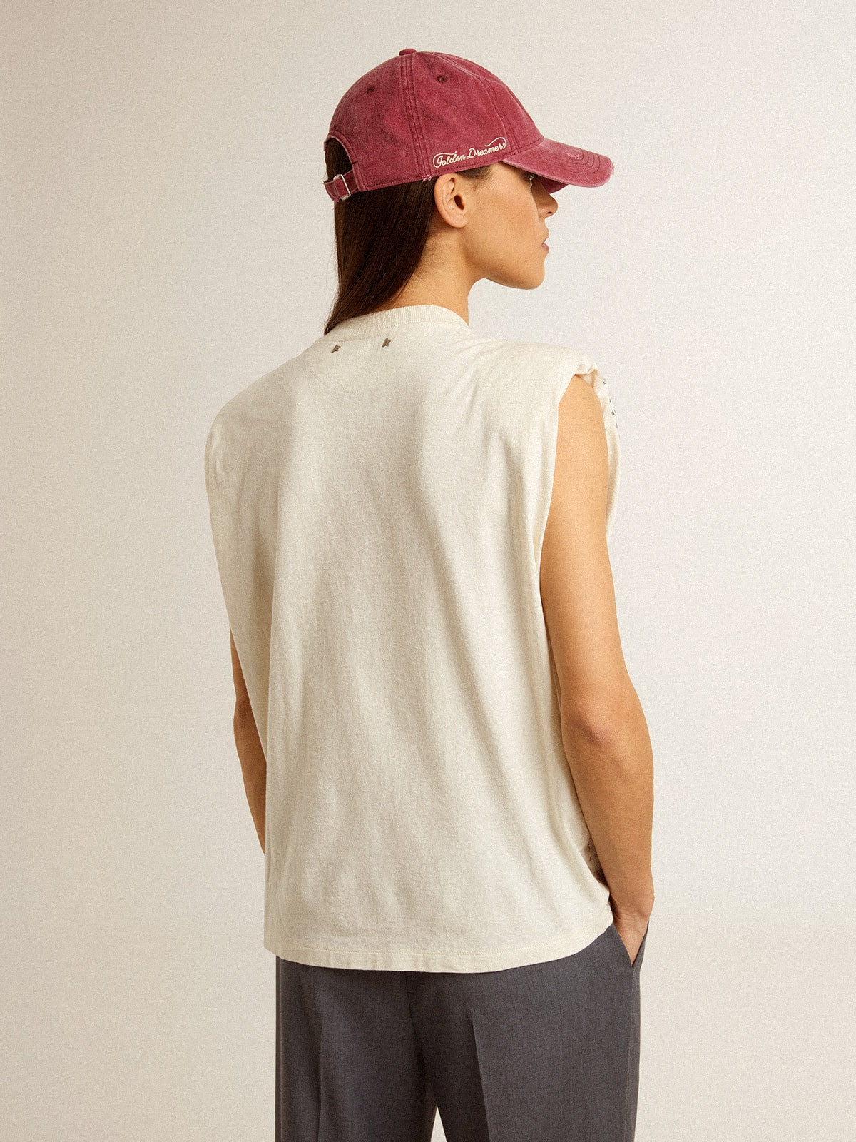 Aged white sleeveless T-shirt embellished with crystals - Golden Goose Women