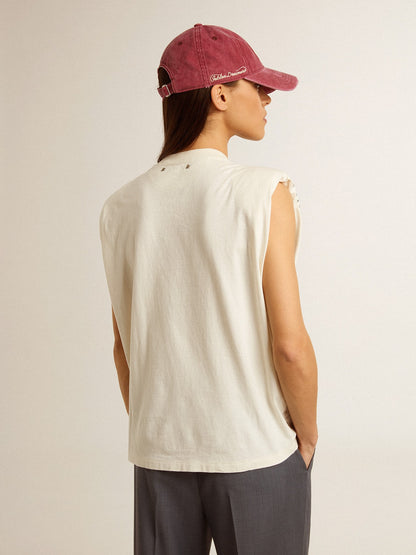 Aged white sleeveless T-shirt embellished with crystals - Golden Goose Women