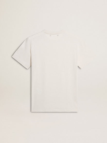 Women's worn-white cotton T-shirt with black lettering - Golden Goose Women