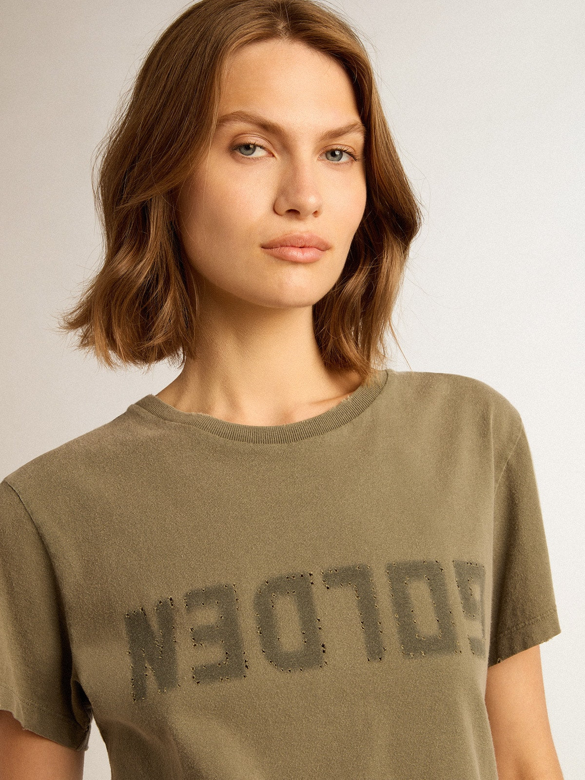 Women's olive green T-shirt with Golden lettering - Golden Goose Women