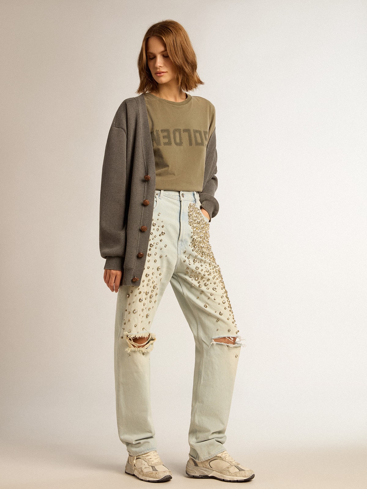 Women's olive green T-shirt with Golden lettering - Golden Goose Women