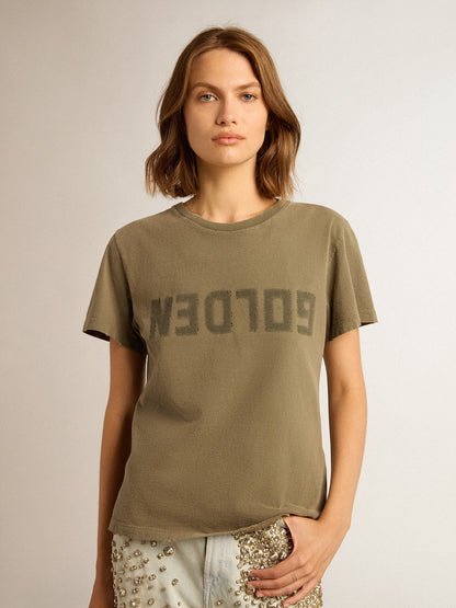 Women's olive green T-shirt with Golden lettering - Golden Goose Women