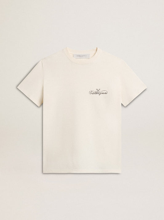 Women’s T-shirt in aged white with logo on the chest - Golden Goose Women