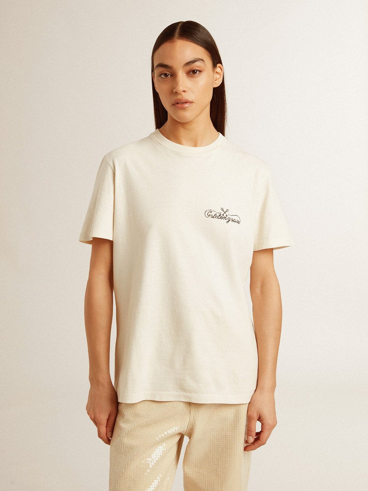 Women’s T-shirt in aged white with logo on the chest - Golden Goose Women