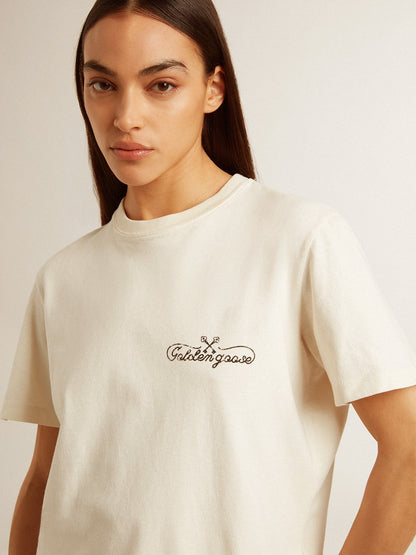 Women’s T-shirt in aged white with logo on the chest - Golden Goose Women