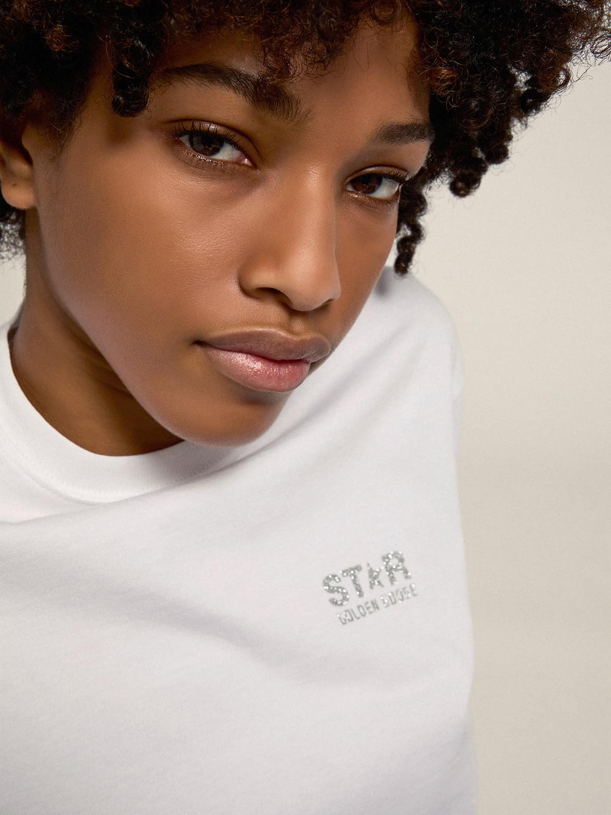 Women's white T-shirt with silver glitter logo and star - Golden Goose Women