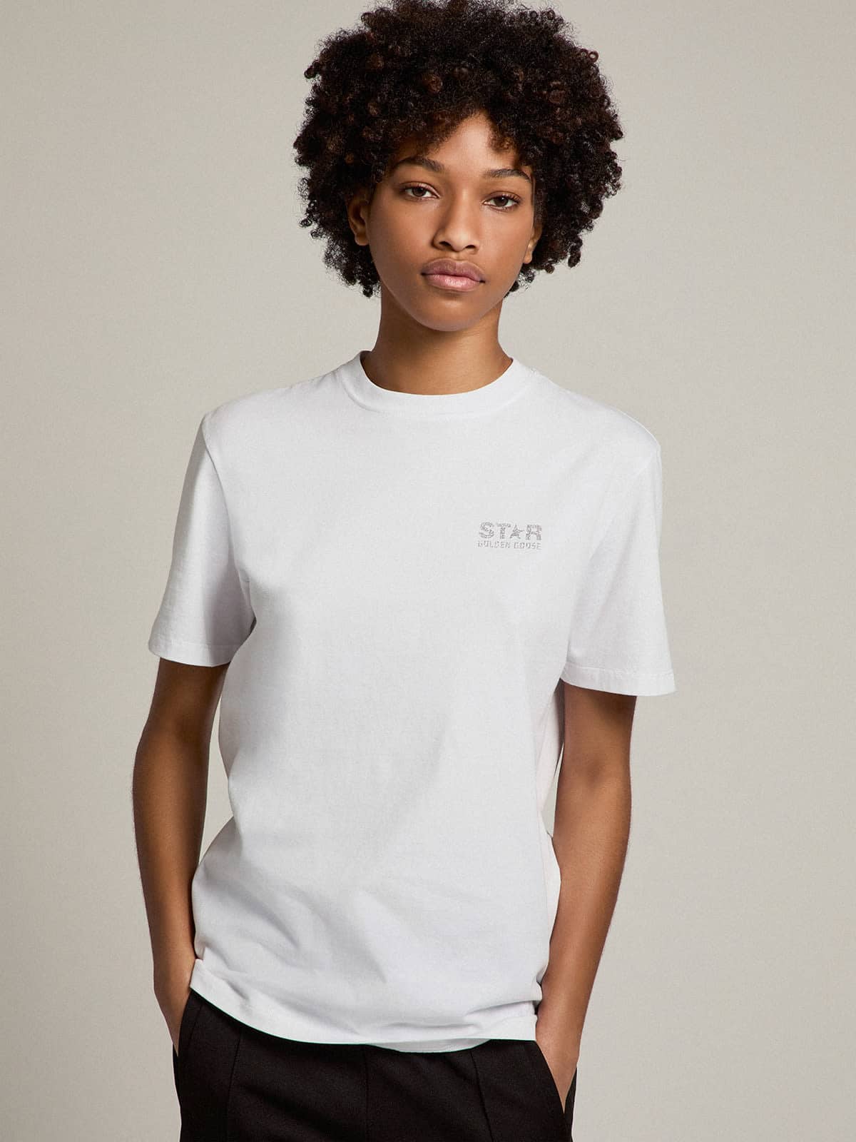 Women's white T-shirt with silver glitter logo and star - Golden Goose Women