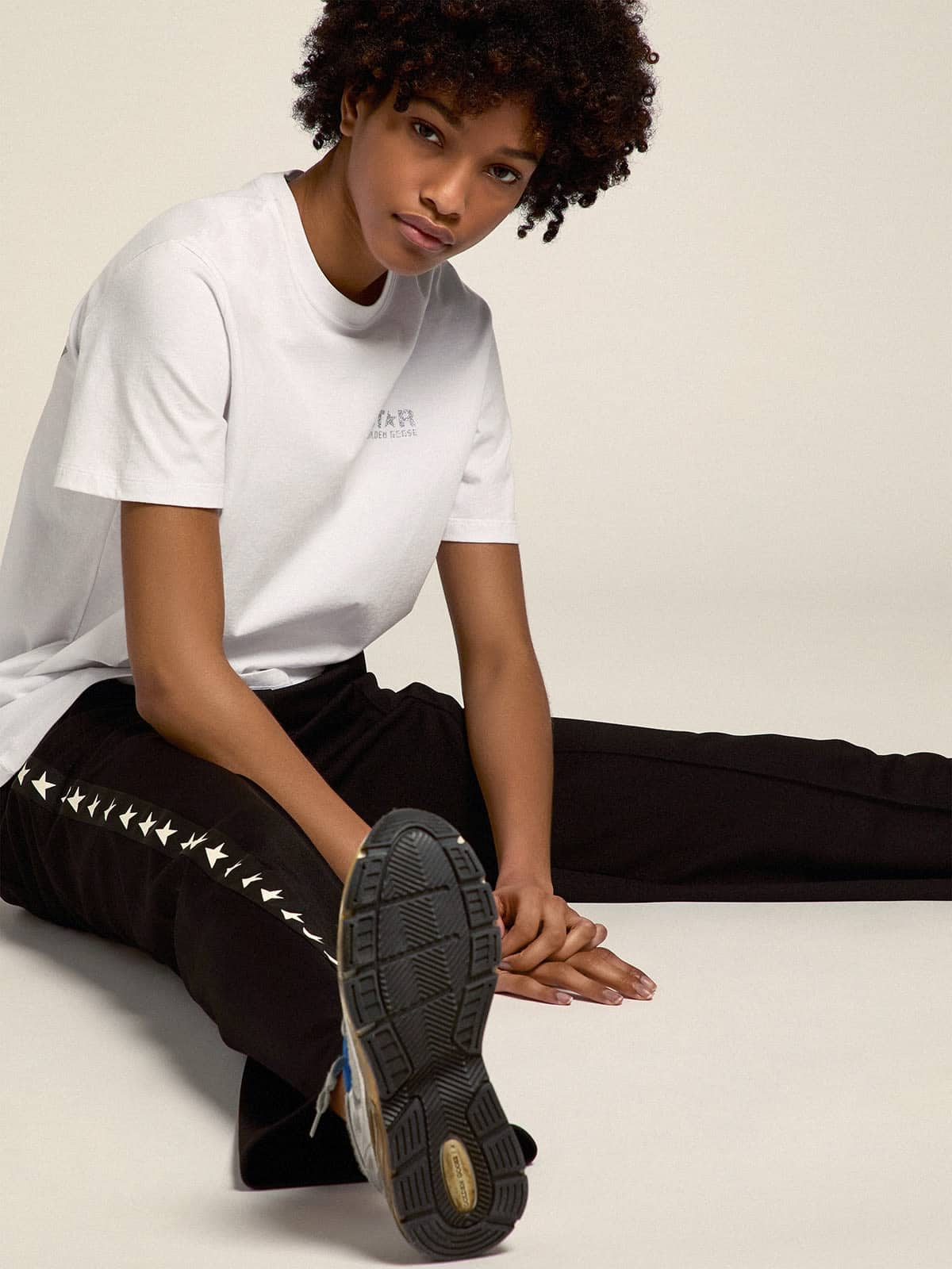 Women's white T-shirt with silver glitter logo and star - Golden Goose Women