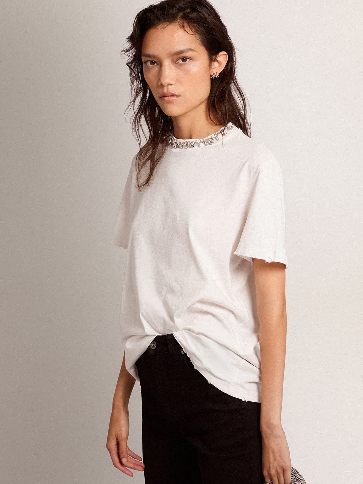 Women's white T-shirt with cabochon crystals - Golden Goose Women
