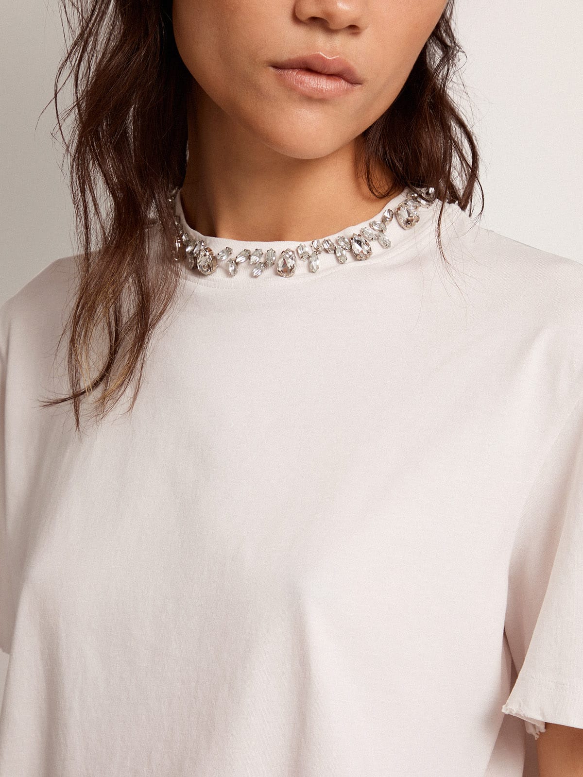Women's white T-shirt with cabochon crystals - Golden Goose Women