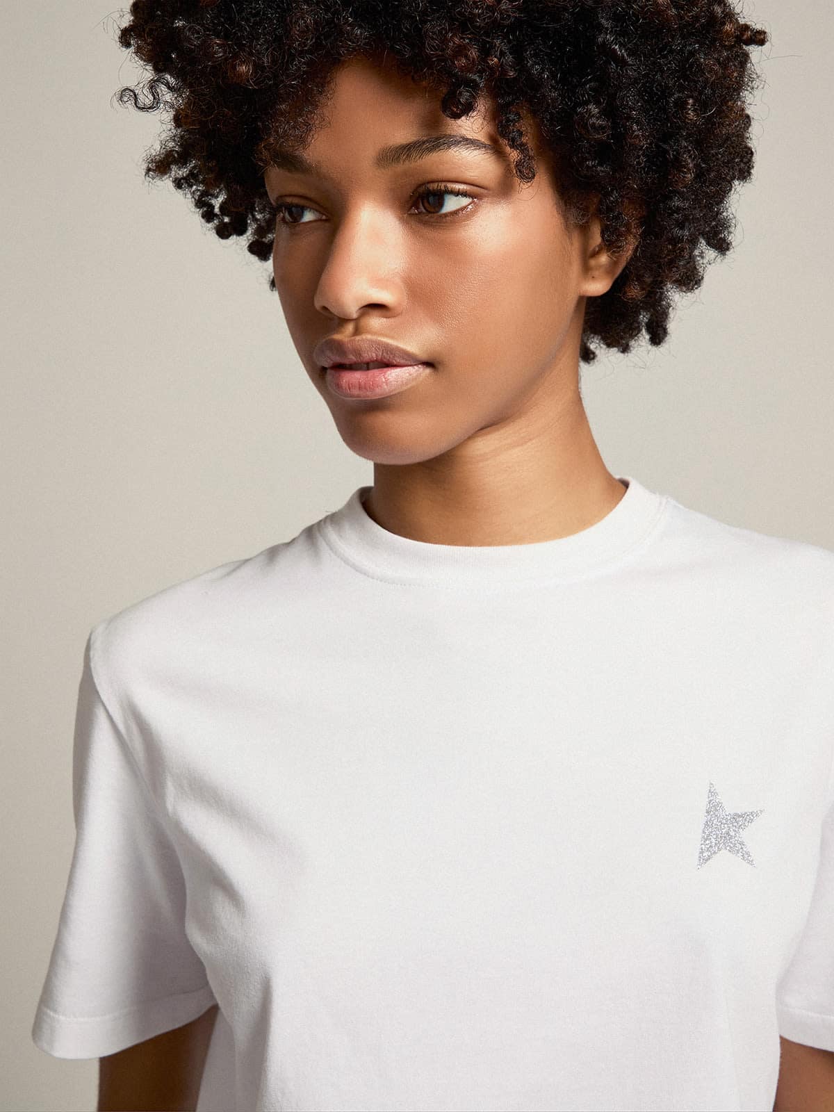 Women's white T-shirt with silver glitter star on the front - Golden Goose Women