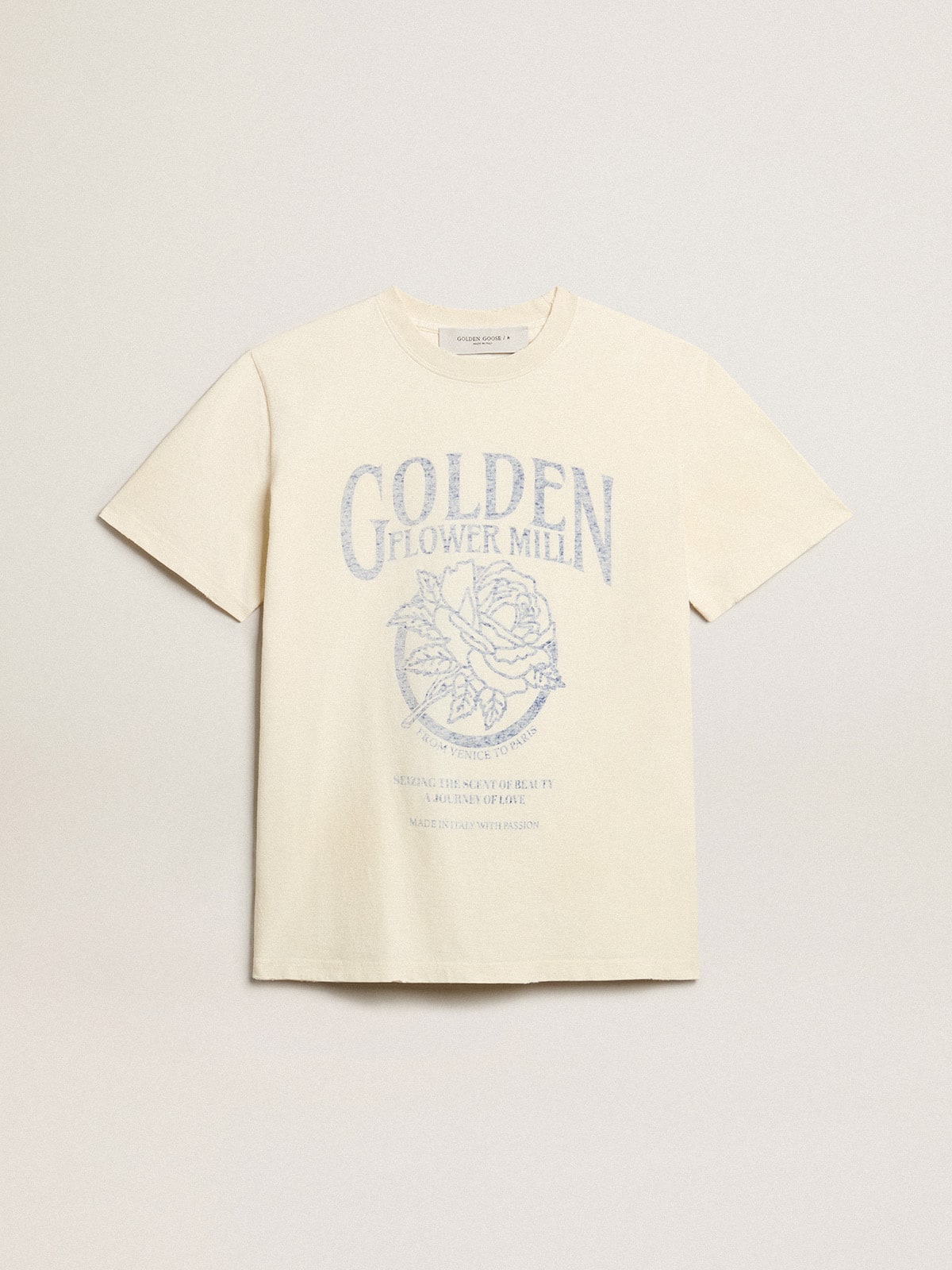 Women’s T-shirt in aged white cotton with seasonal print - Golden Goose Women
