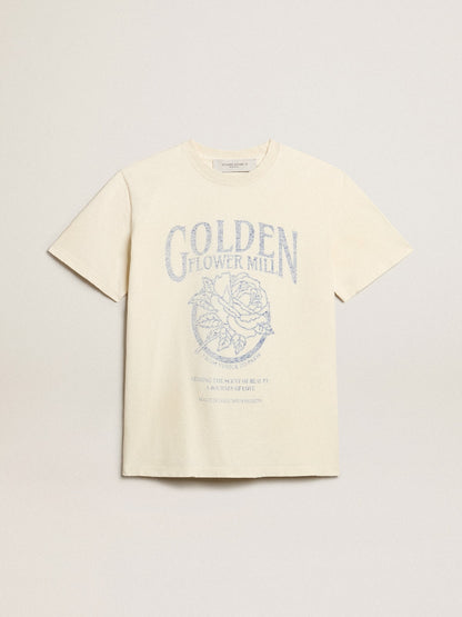 Women’s T-shirt in aged white cotton with seasonal print - Golden Goose Women