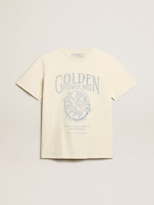 Women’s T-shirt in aged white cotton with seasonal print - Golden Goose Women