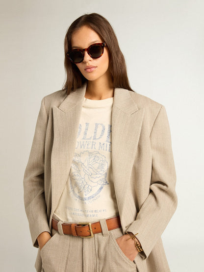 Women’s T-shirt in aged white cotton with seasonal print - Golden Goose Women