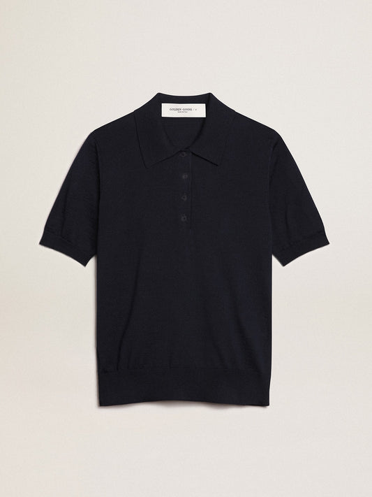 Women’s polo shirt in navy-blue merino wool - Golden Goose Women