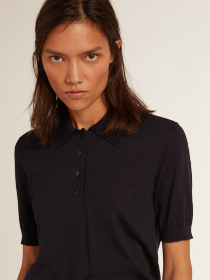 Women’s polo shirt in navy-blue merino wool - Golden Goose Women
