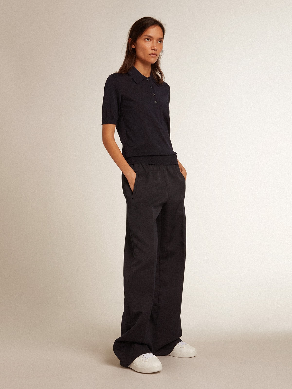 Women’s polo shirt in navy-blue merino wool - Golden Goose Women