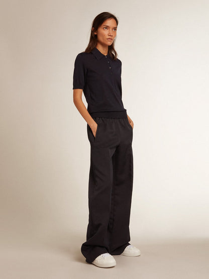 Women’s polo shirt in navy-blue merino wool - Golden Goose Women