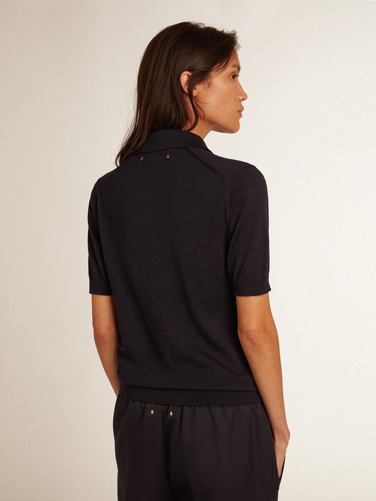 Women’s polo shirt in navy-blue merino wool - Golden Goose Women