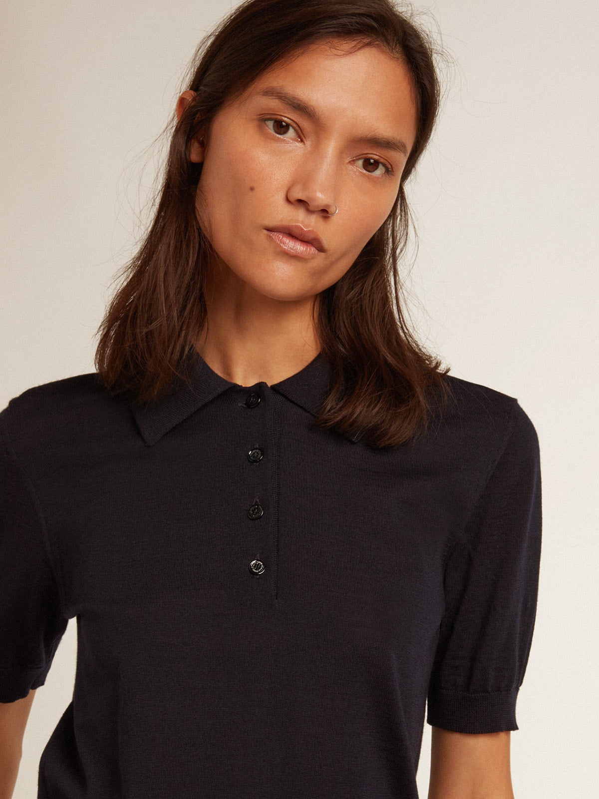 Women’s polo shirt in navy-blue merino wool - Golden Goose Women