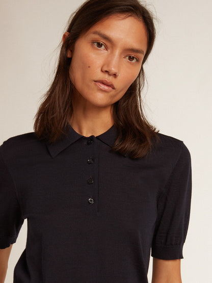Women’s polo shirt in navy-blue merino wool - Golden Goose Women