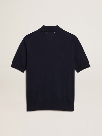 Women’s polo shirt in navy-blue merino wool - Golden Goose Women