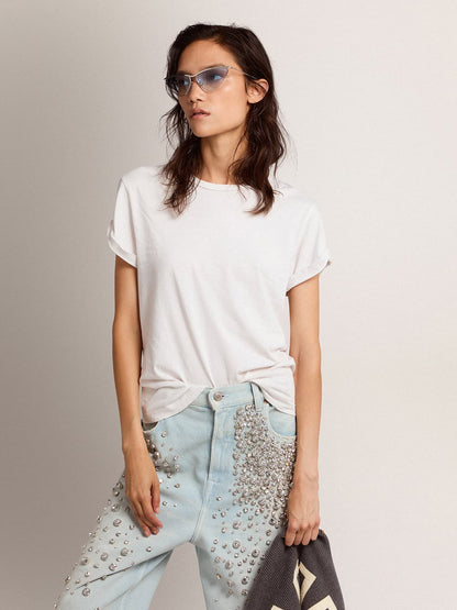 Distressed slim-fit women’s T-shirt in white - Golden Goose Women