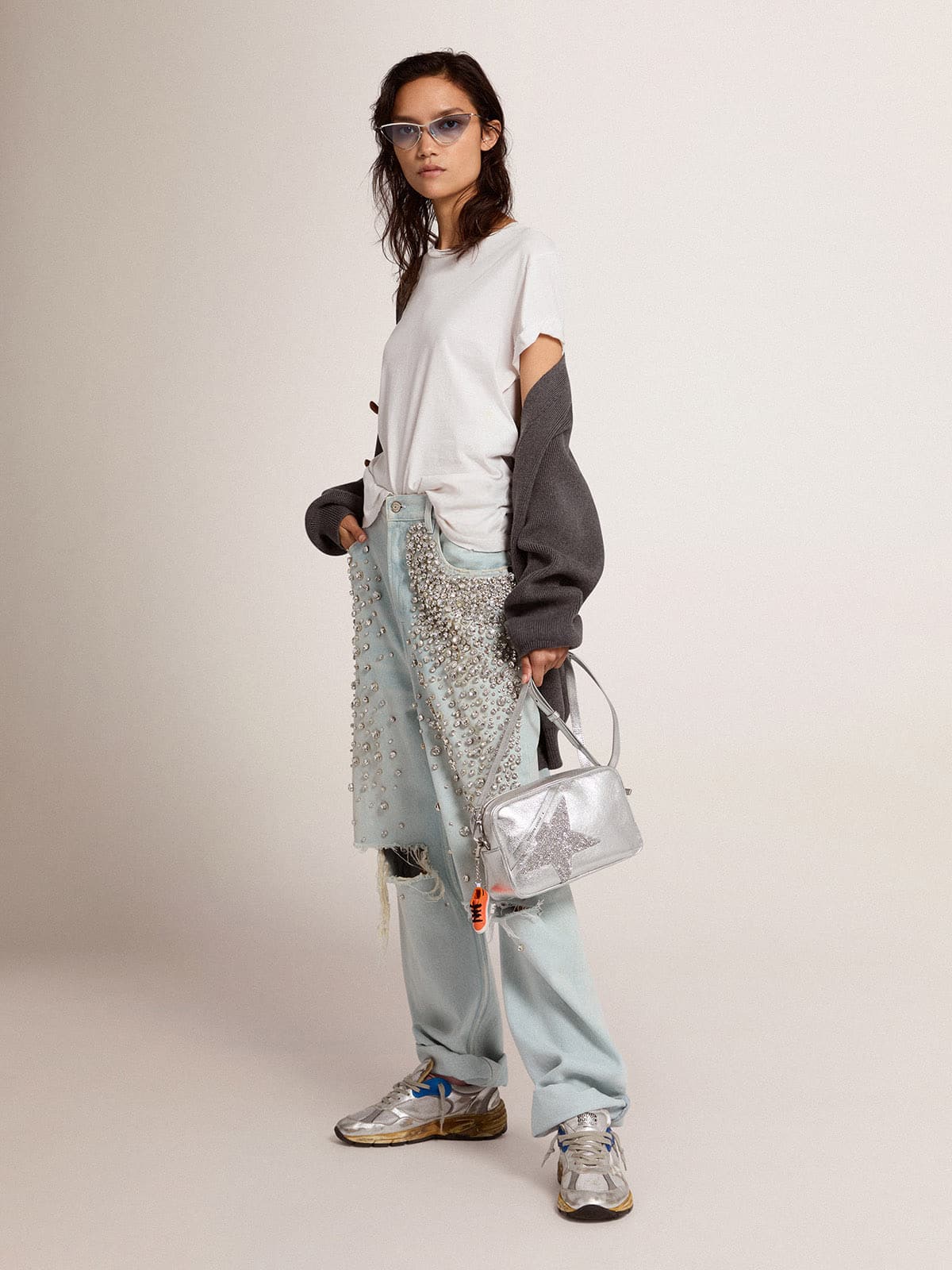 Distressed slim-fit women’s T-shirt in white - Golden Goose Women