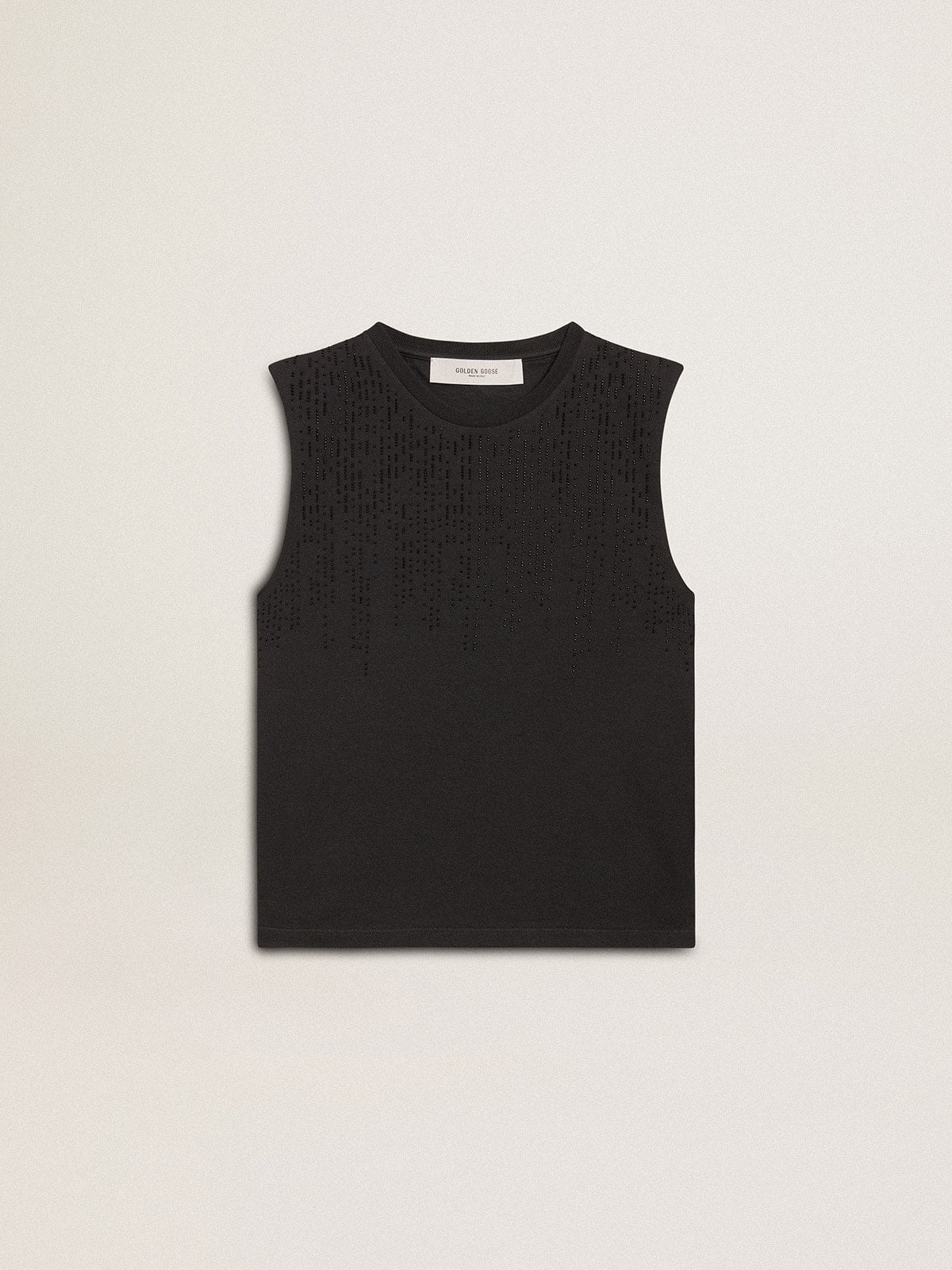Sleeveless T-shirt in worn-black with tone-on-tone gradient embroidery - Golden Goose Women