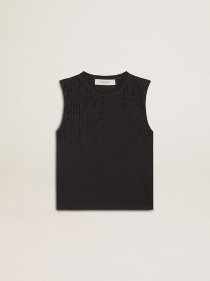 Sleeveless T-shirt in worn-black with tone-on-tone gradient embroidery - Golden Goose Women