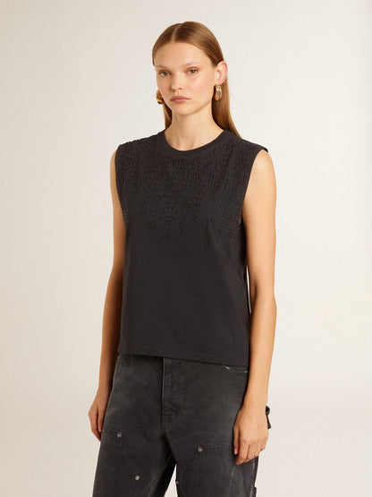 Sleeveless T-shirt in worn-black with tone-on-tone gradient embroidery - Golden Goose Women