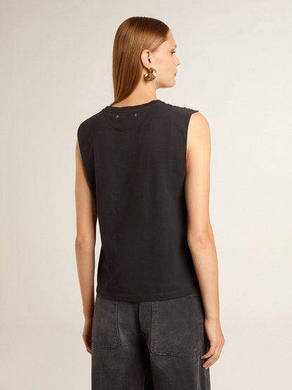 Sleeveless T-shirt in worn-black with tone-on-tone gradient embroidery - Golden Goose Women