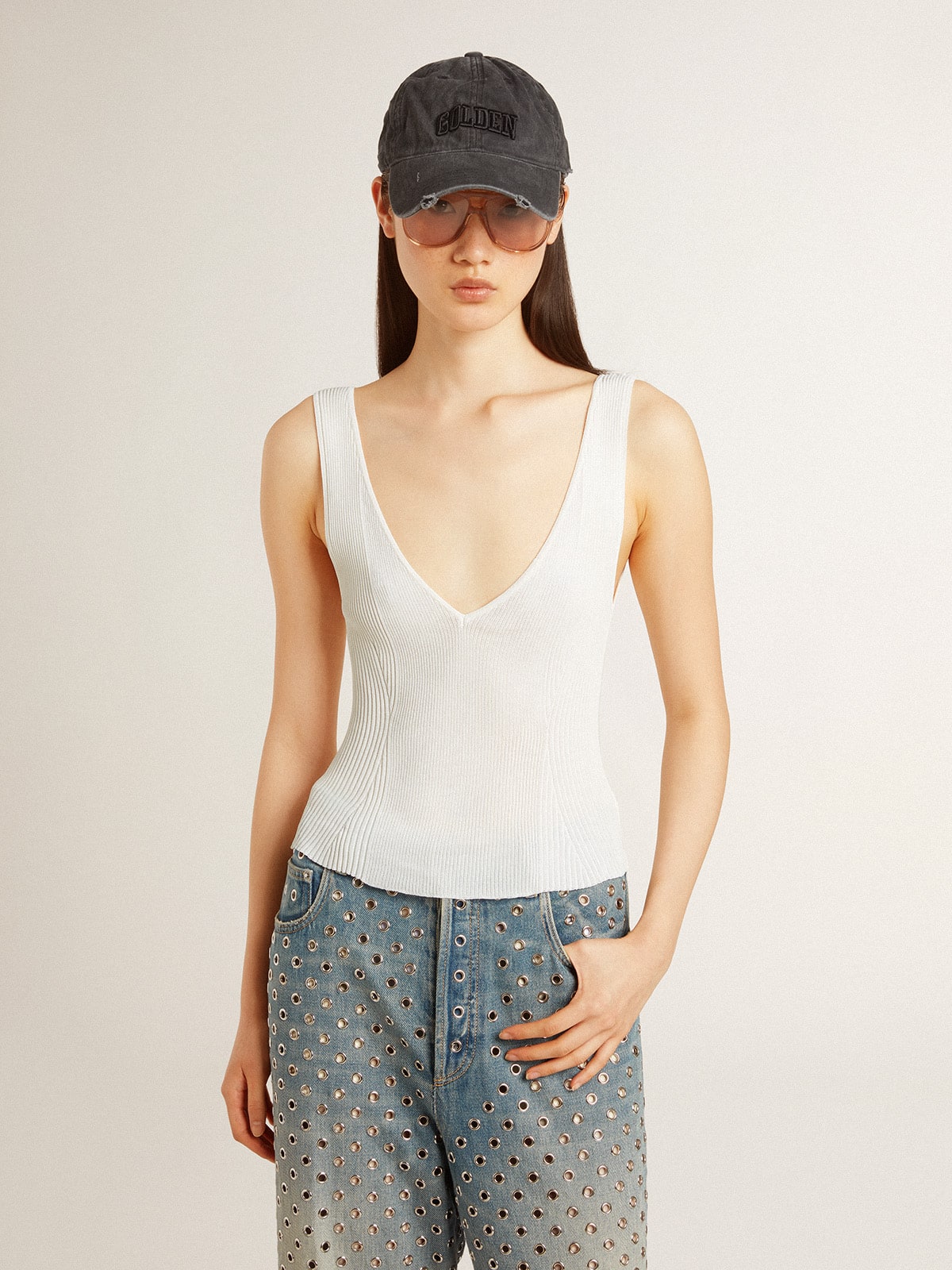 Sleeveless top embroidered with worn-white ribbing - Golden Goose Women