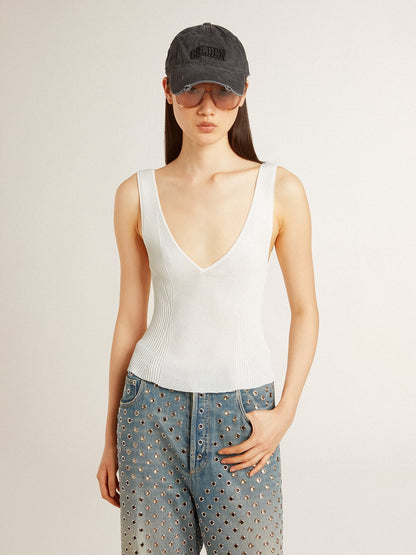 Sleeveless top embroidered with worn-white ribbing - Golden Goose Women