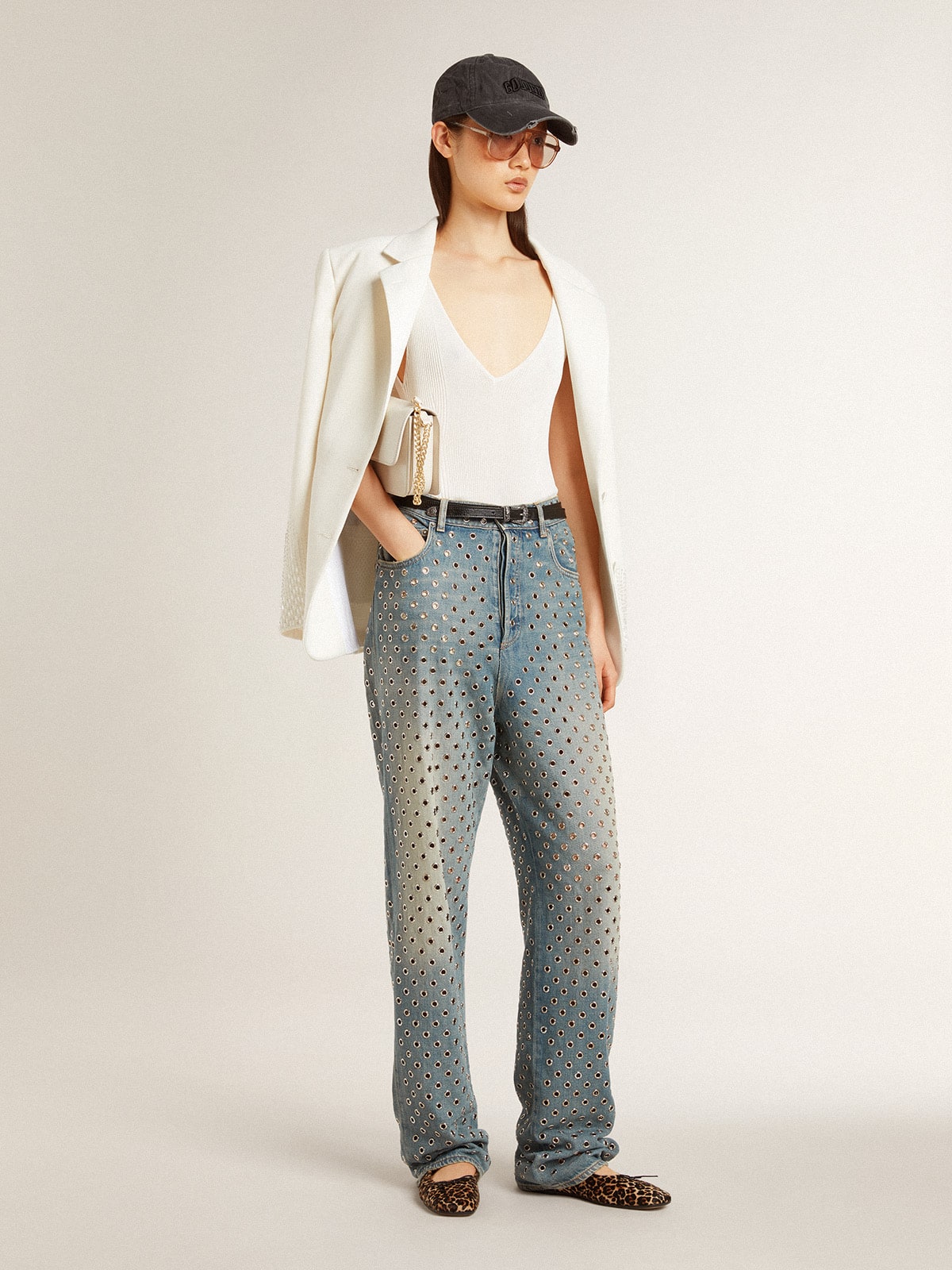 Sleeveless top embroidered with worn-white ribbing - Golden Goose Women
