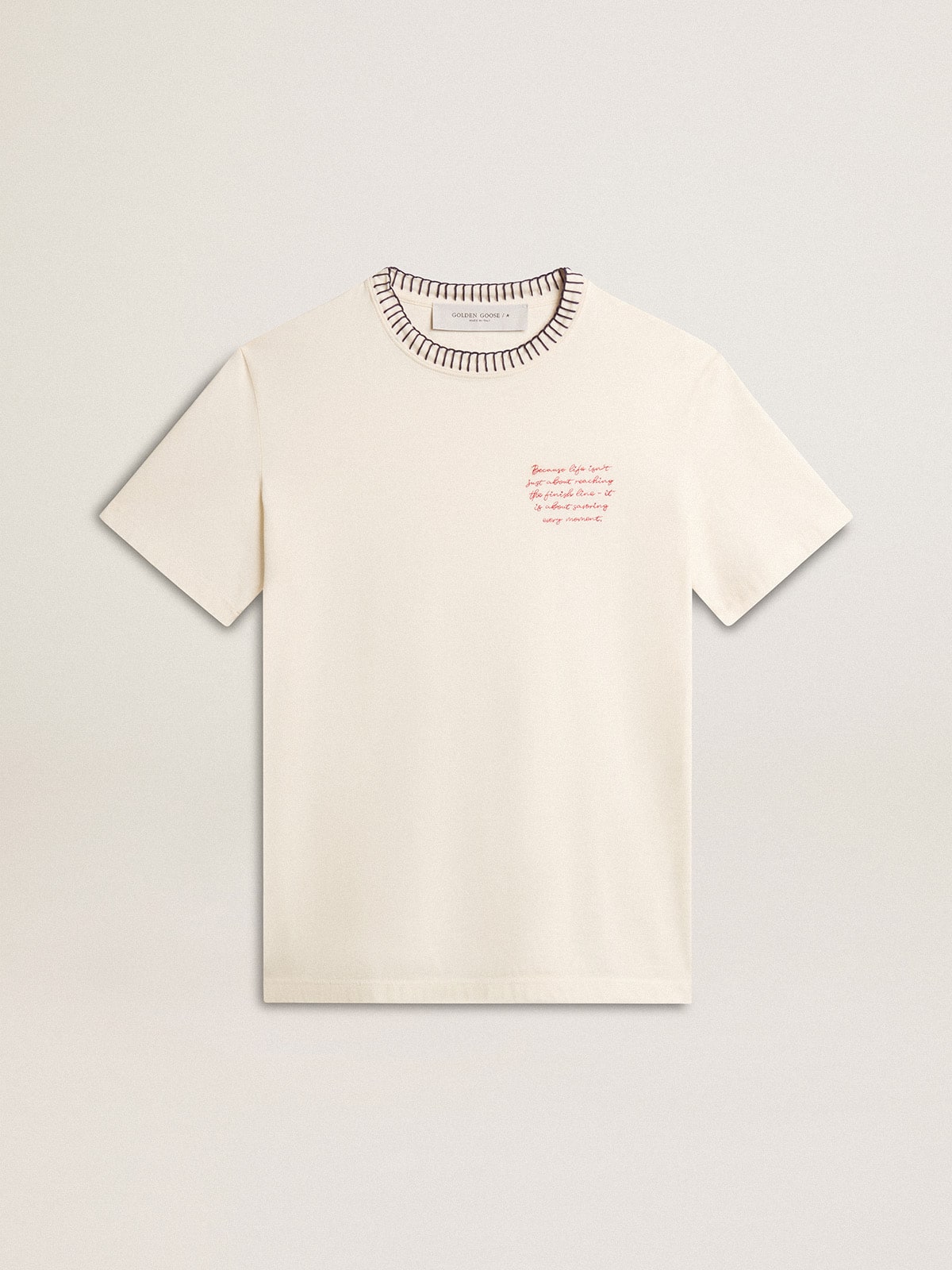 Women's aged white cotton T-shirt with hand embroidery - Golden Goose Women