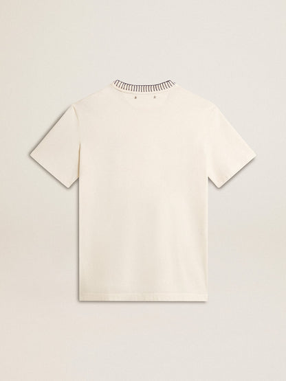 Women's aged white cotton T-shirt with hand embroidery - Golden Goose Women