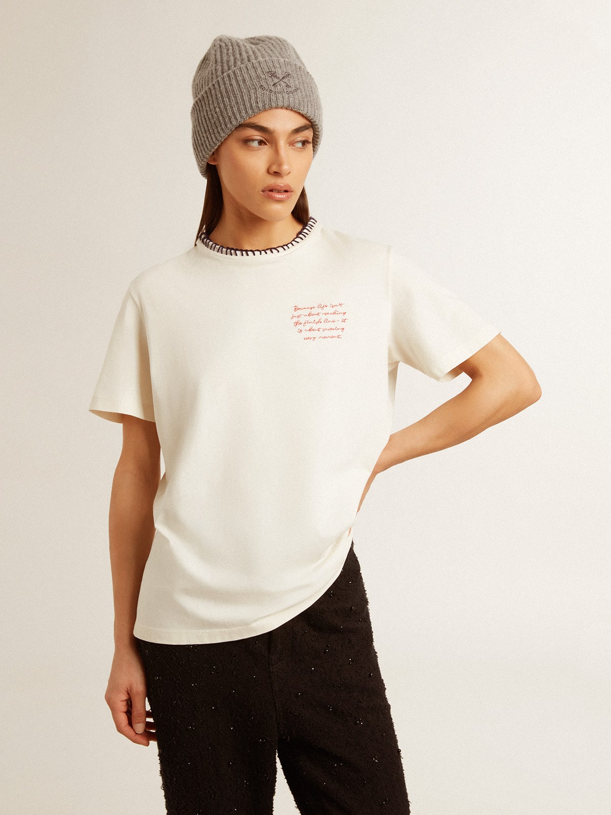 Women's aged white cotton T-shirt with hand embroidery - Golden Goose Women