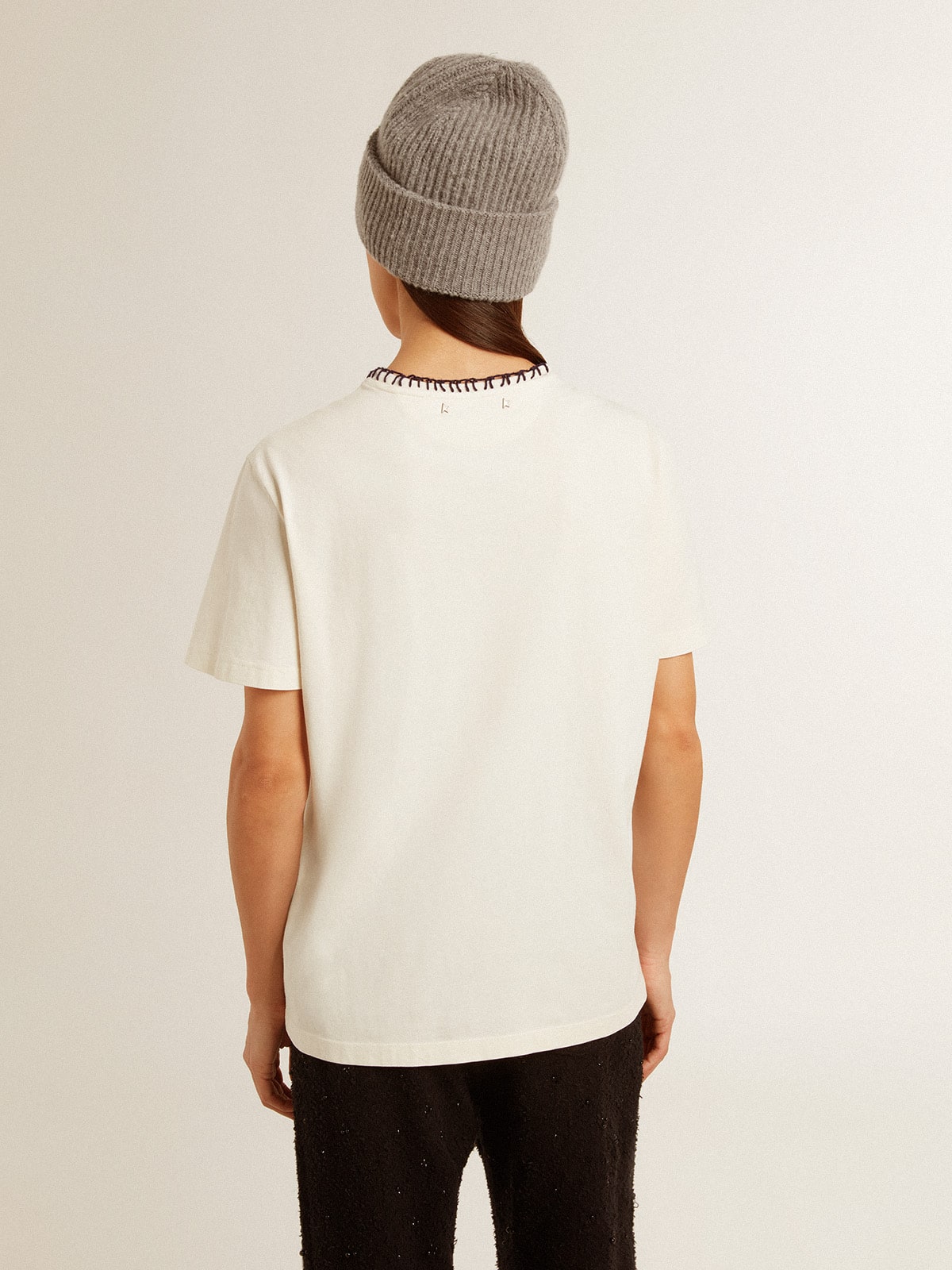 Women's aged white cotton T-shirt with hand embroidery - Golden Goose Women