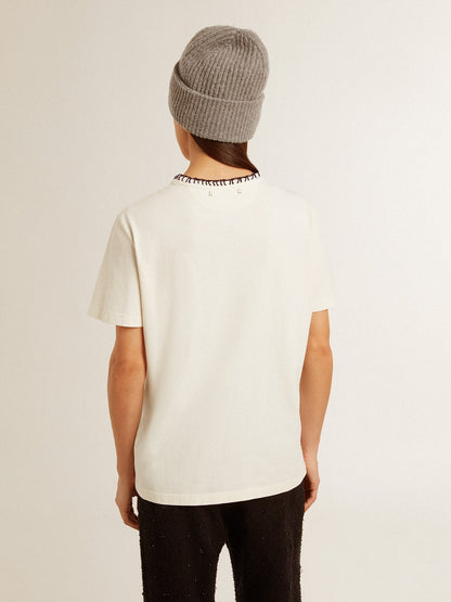 Women's aged white cotton T-shirt with hand embroidery - Golden Goose Women