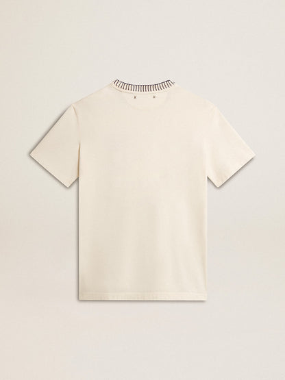 Women's aged white cotton T-shirt with hand embroidery - Golden Goose Women