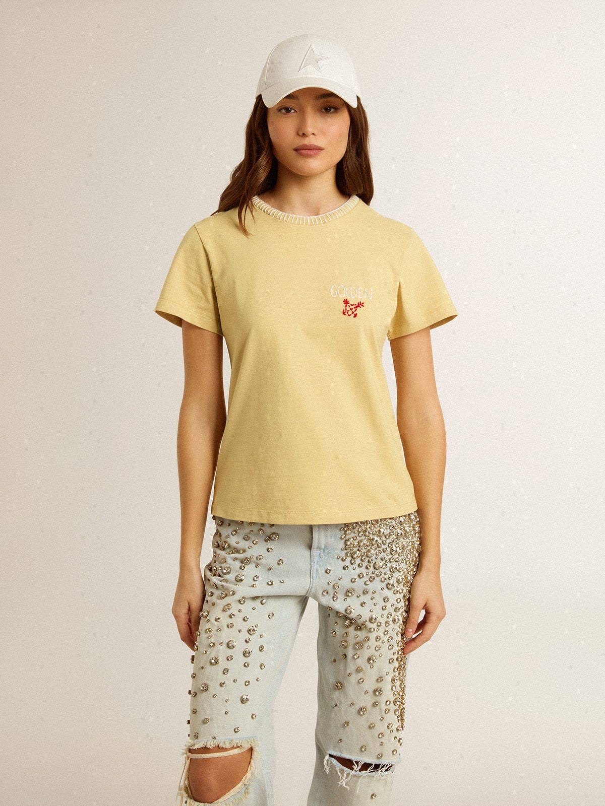 Women's T-shirt in cotton jersey with embroidery on the neck and heart - Golden Goose Women