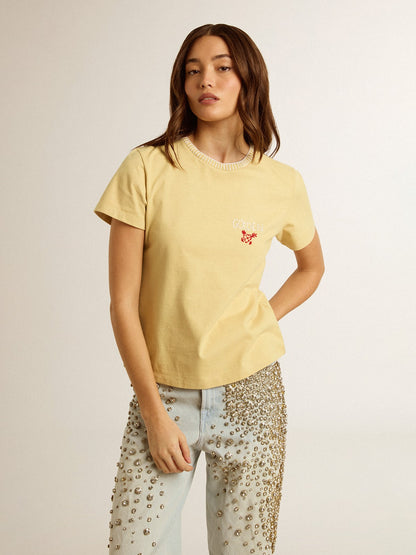 Women's T-shirt in cotton jersey with embroidery on the neck and heart - Golden Goose Women